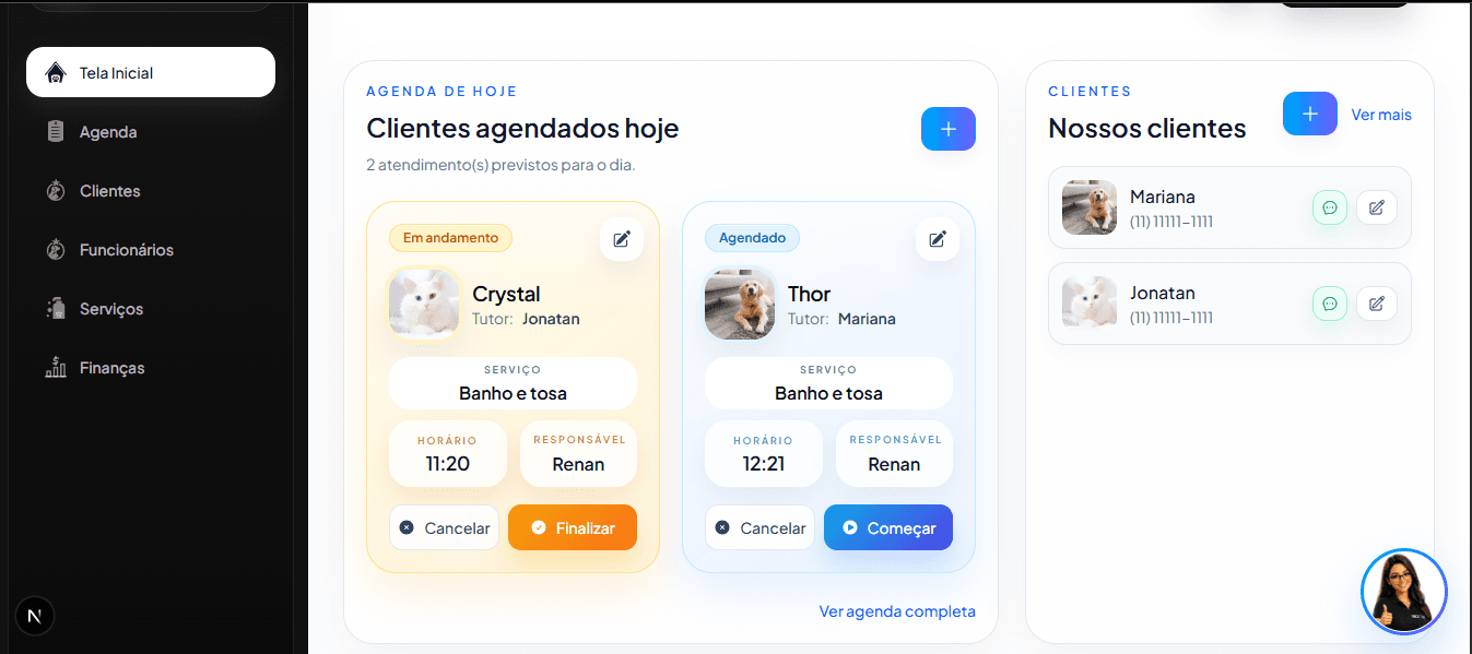 Preview do dashboard do NEXT13 Pet com agenda do dia e lista de clientes